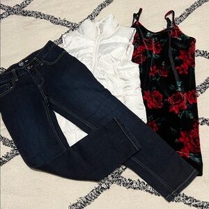 Girls M (8) dress & SO white puffer vest & Wonder Nation 8 Reg Slim fit jeans